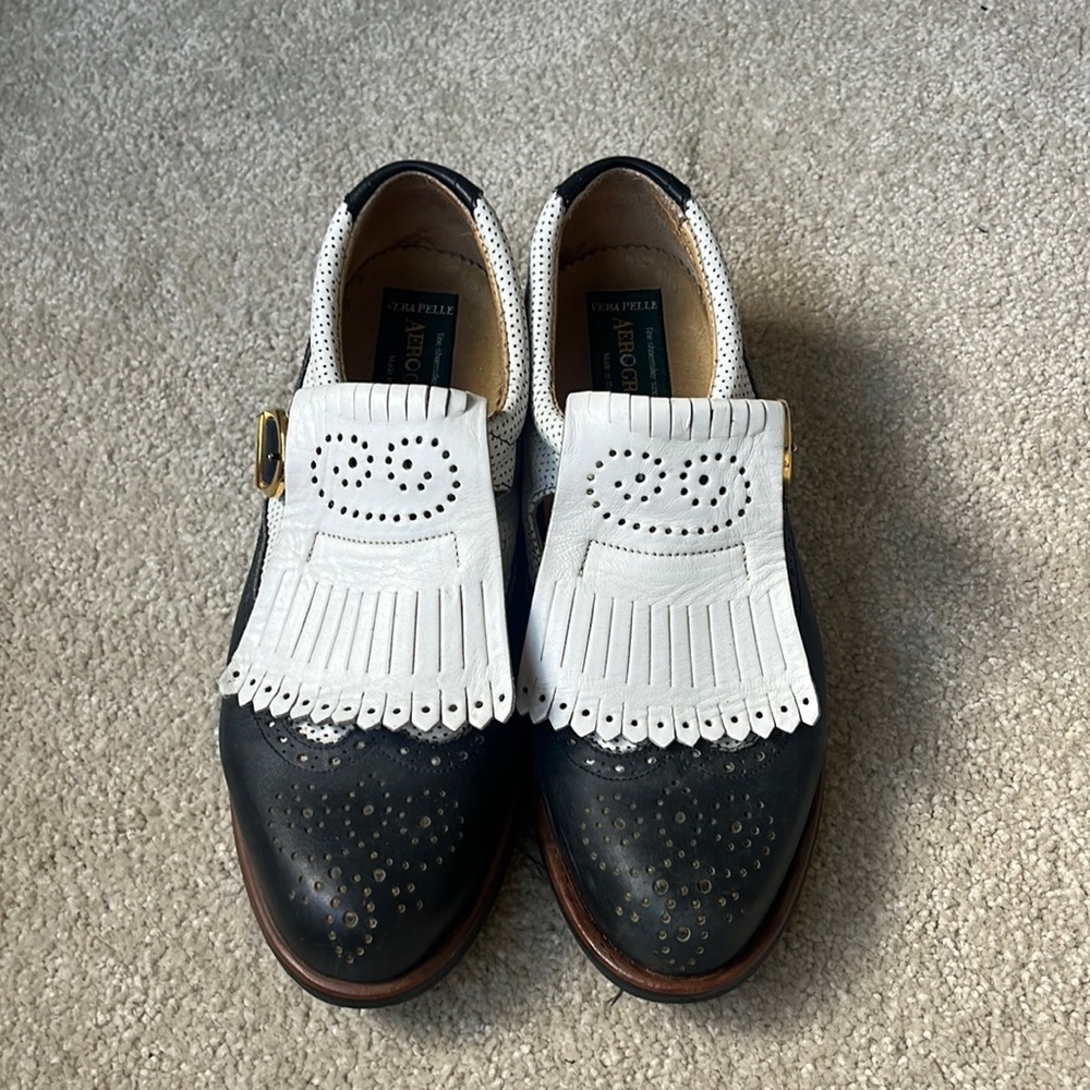 AeroGreen White and Black Leather Loafer Golf Shoes